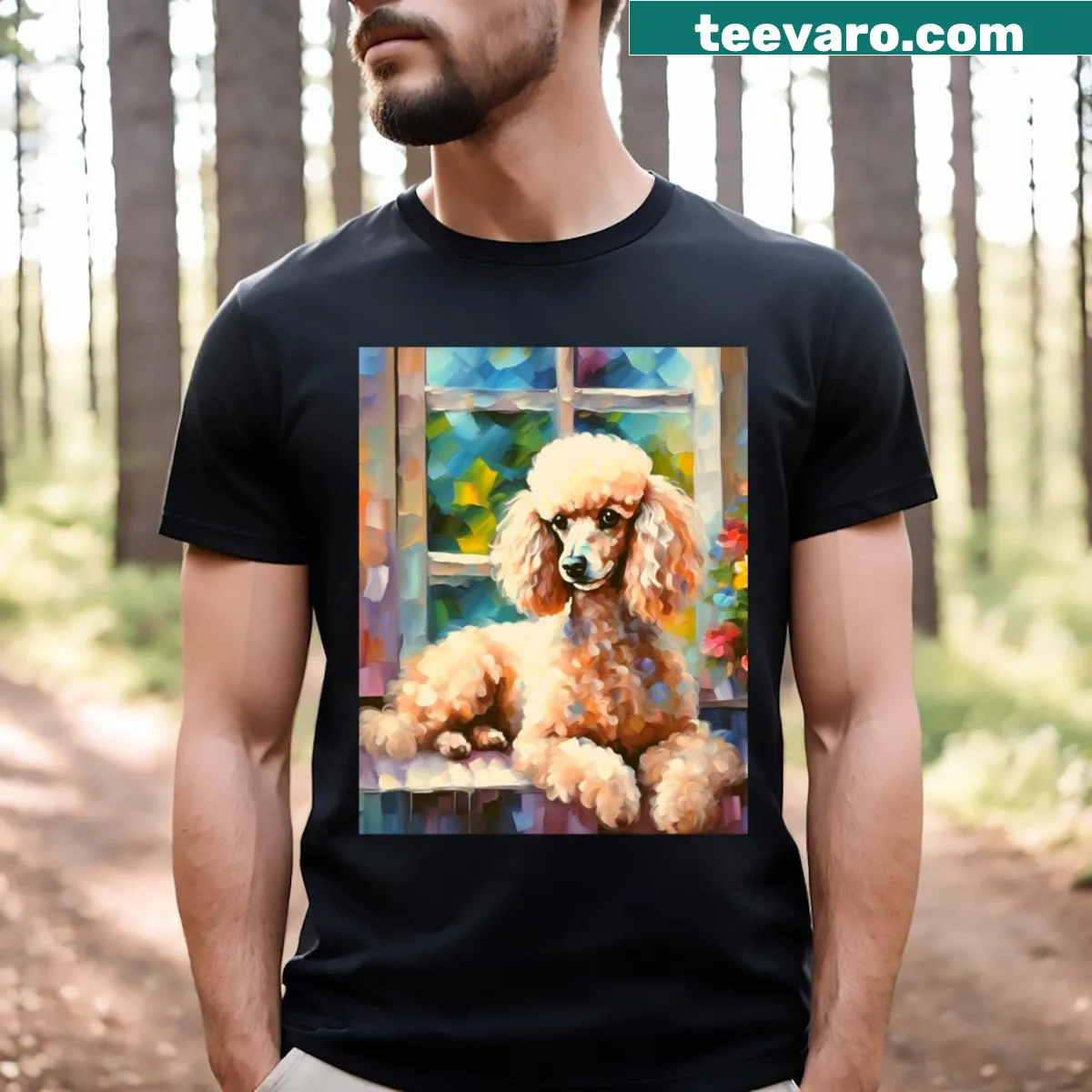 Illustration of a miniature poodle by a window — on a men's t-shirt