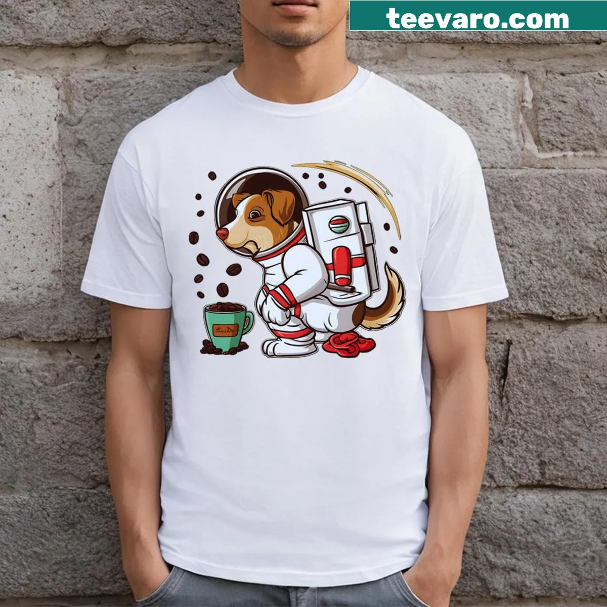 Cartoon of a dog in a space suit, humorously pooping — on a men's t-shirt