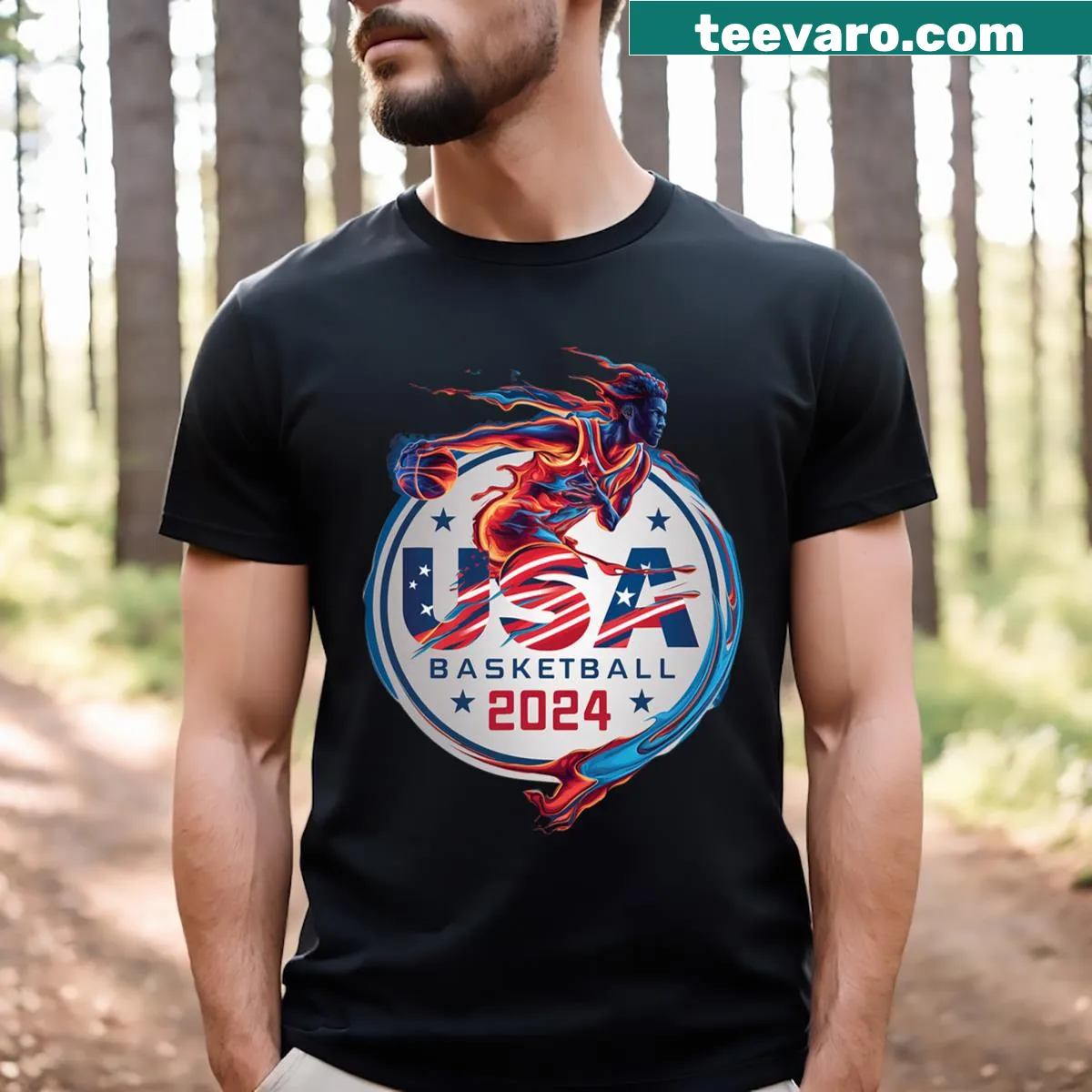 Dynamic and patriotic Basketball 2024 logo t-shirt — on a men's t-shirt