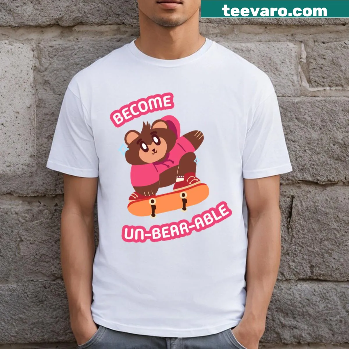 Cartoon bear skateboarding graphic on T-shirt — on a men's t-shirt
