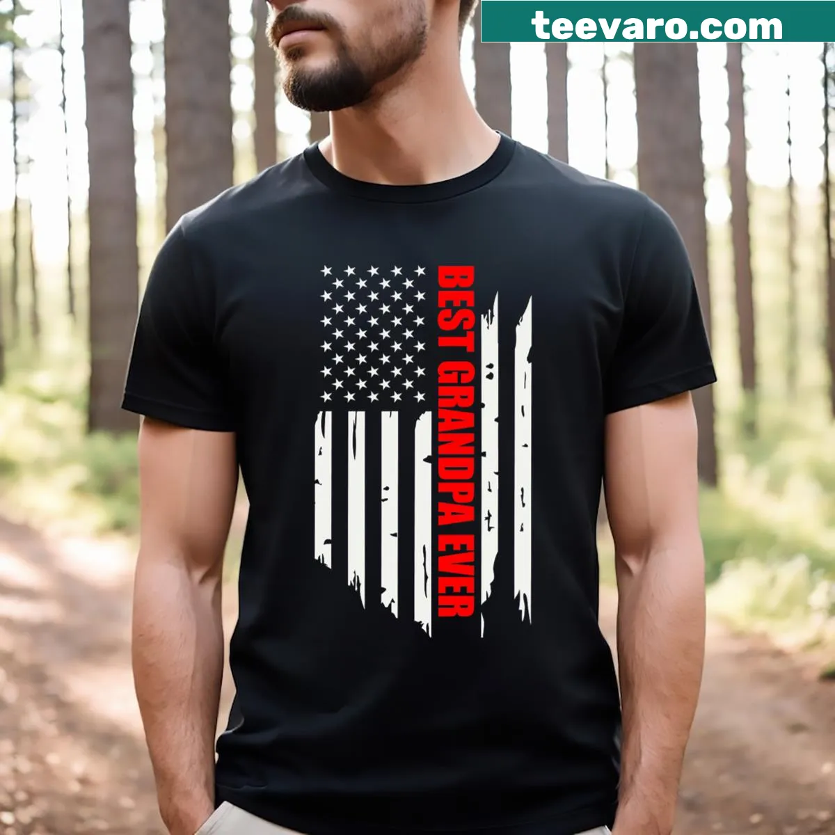 Vintage-style shirt stating 'Best Grandpa Ever' with American flag — on a men's t-shirt