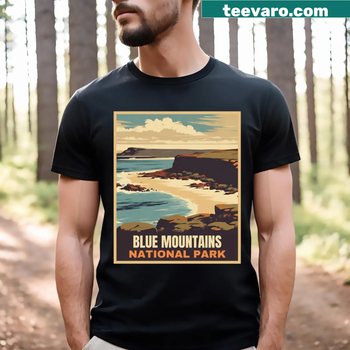 Vintage-style T-shirt featuring Blue Mountains National Park graphic — on a men's t-shirt
