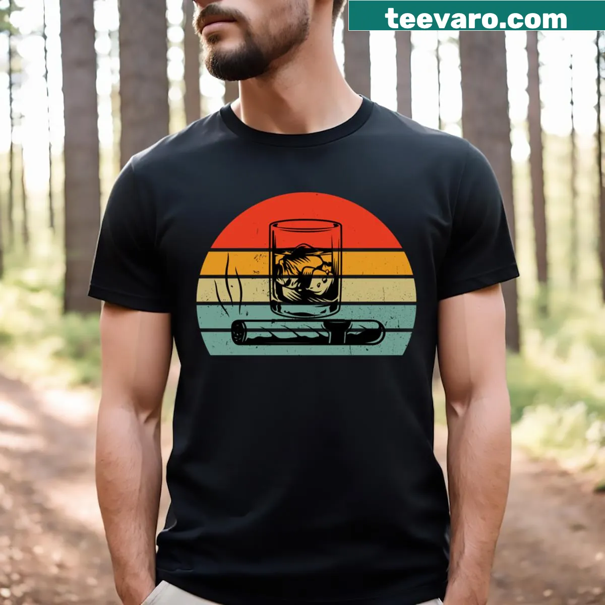 Playful T-shirt featuring a whiskey and cigar theme in bold text — on a men's t-shirt
