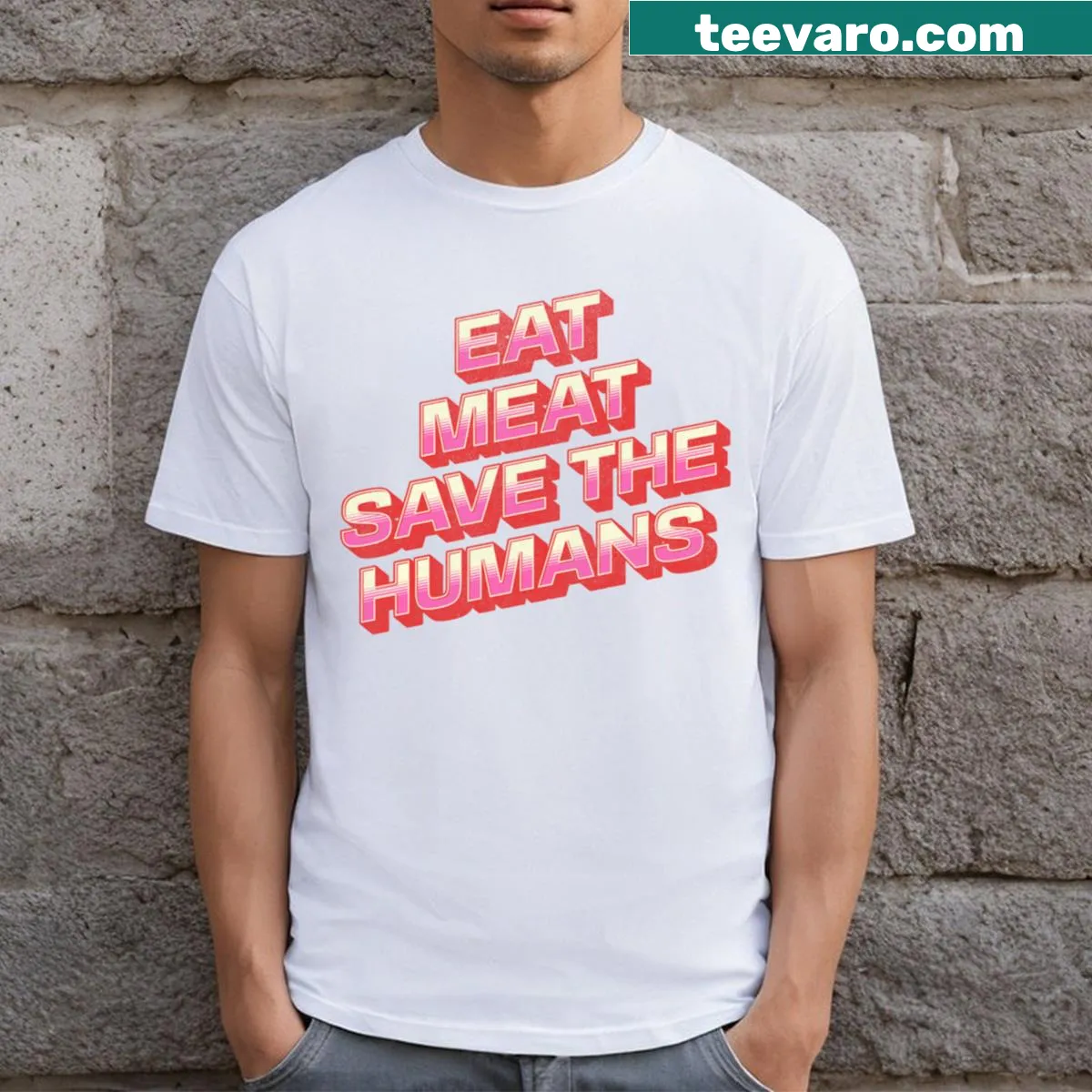 Bold graphic on Carnivore Diet Eat Meat Save The Humans T-shirt — on a men's t-shirt