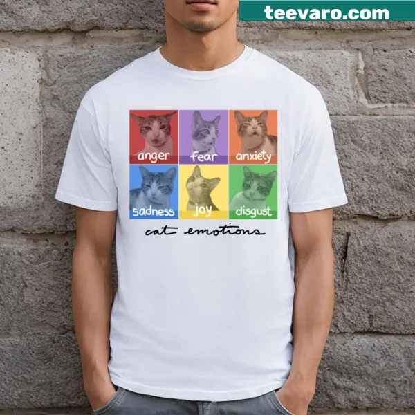Illustrative shirt showcasing various cat emotions