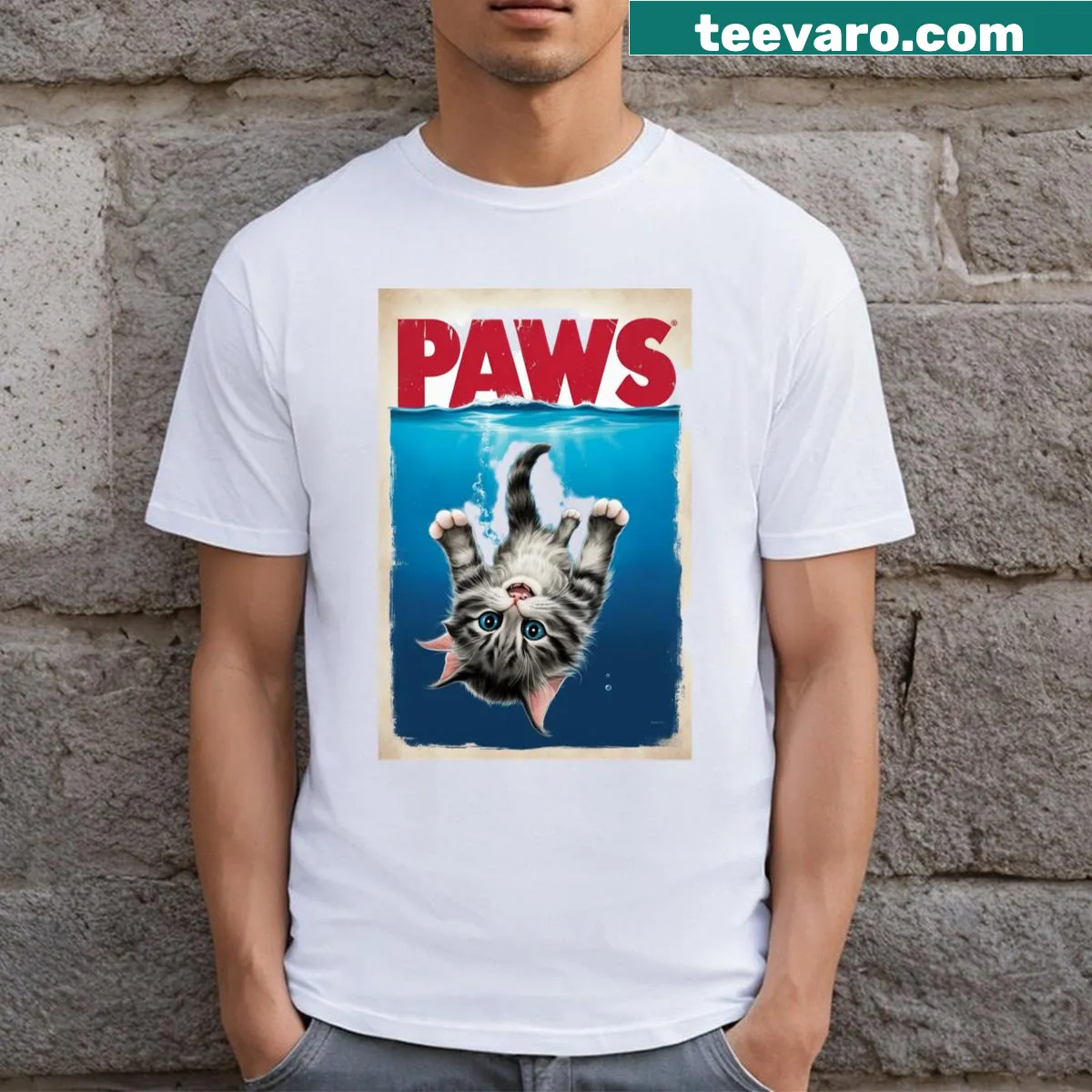 T-shirt featuring cute illustration of cat paws across the chest — on a men's t-shirt