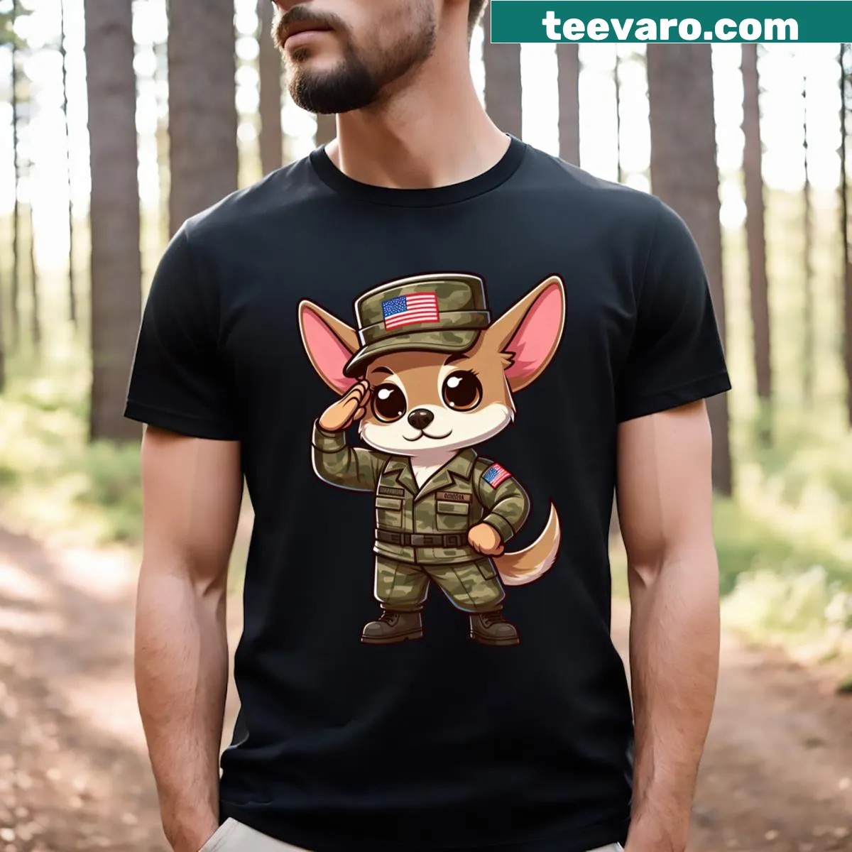 Illustration of Chihuahuas in a playful army theme on a T-shirt — on a men's t-shirt