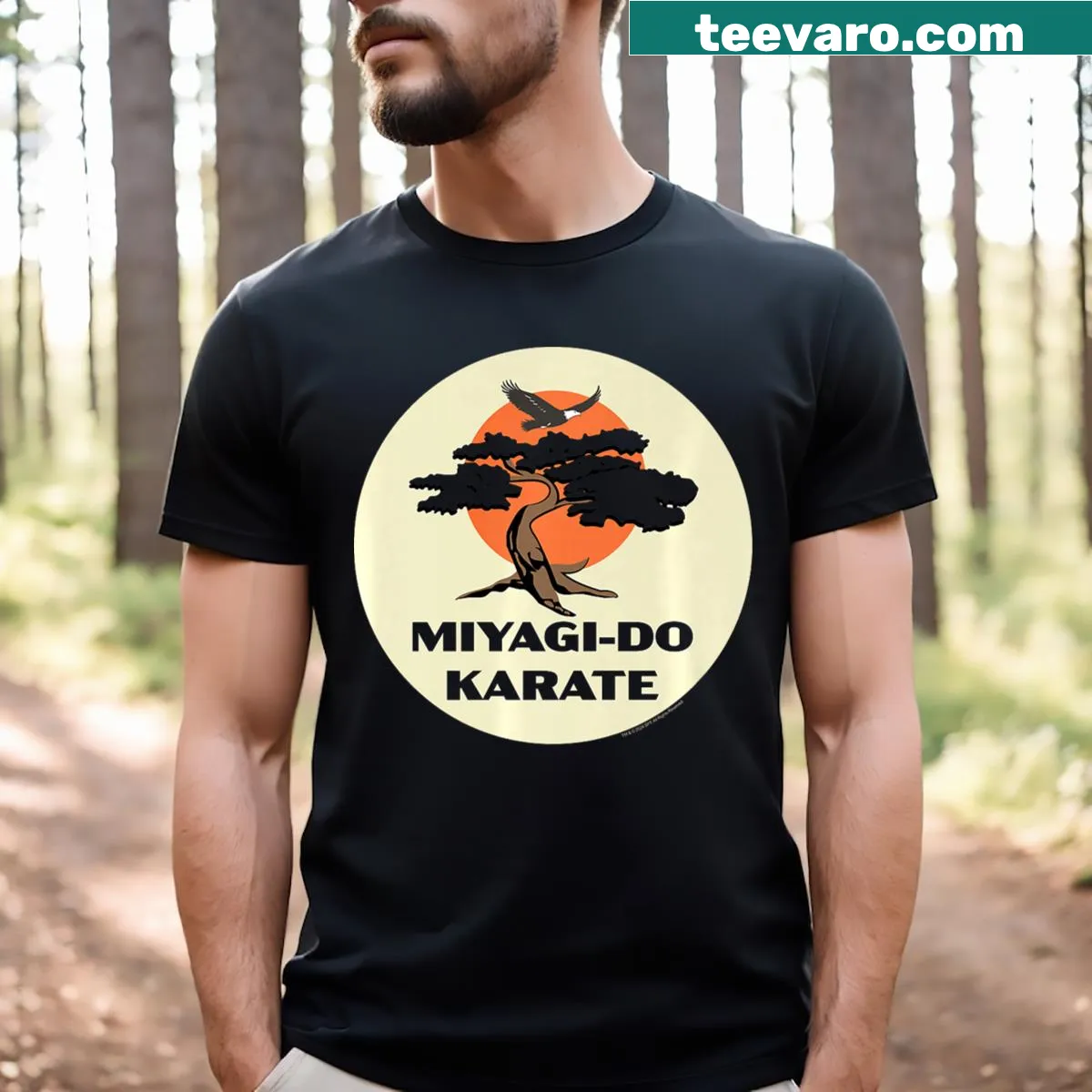 T-shirt featuring Cobra Kai and Miyagi-Do karate logos — on a men's t-shirt