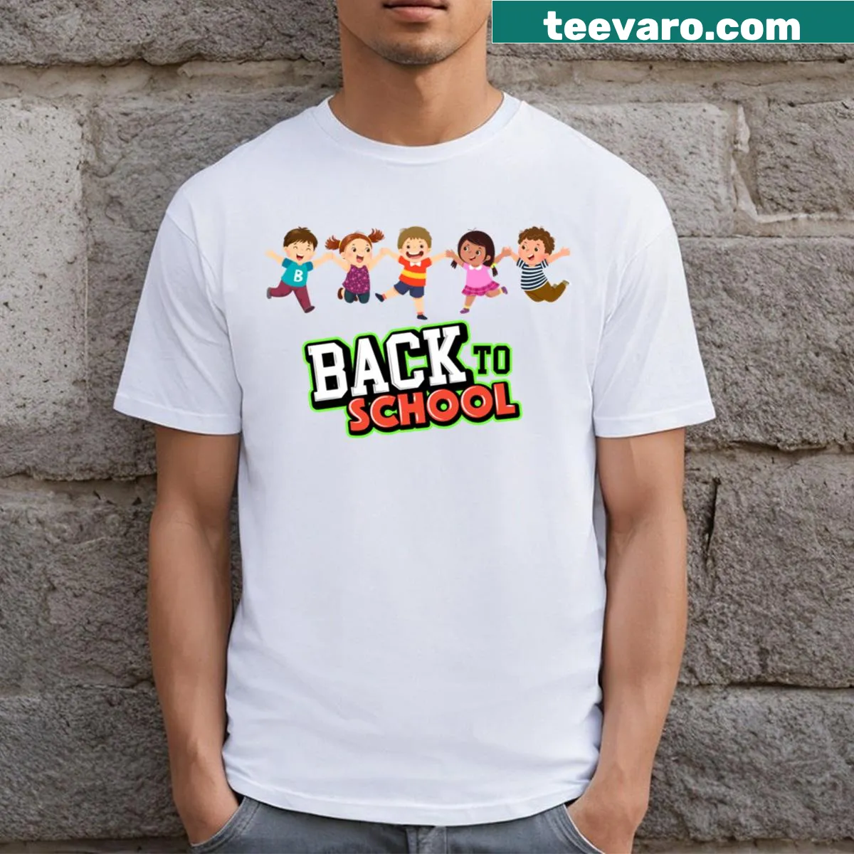 Playful typography design celebrating back to school fun with friends — on a men's t-shirt