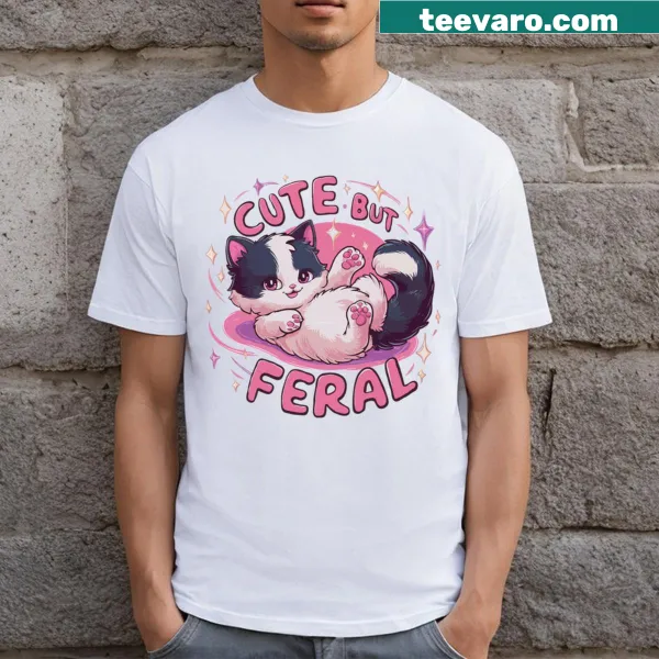 Graphic T-shirt with 'Cute But Wild' cat design for girls