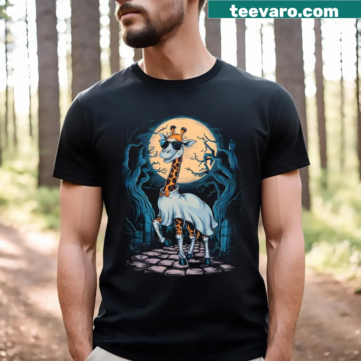 Cartoon giraffe ghost design on a Halloween t-shirt — on a men's t-shirt