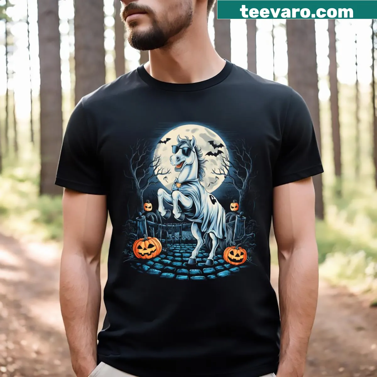 Vintage-style T-shirt featuring a cute ghost horse design for Halloween — on a men's t-shirt