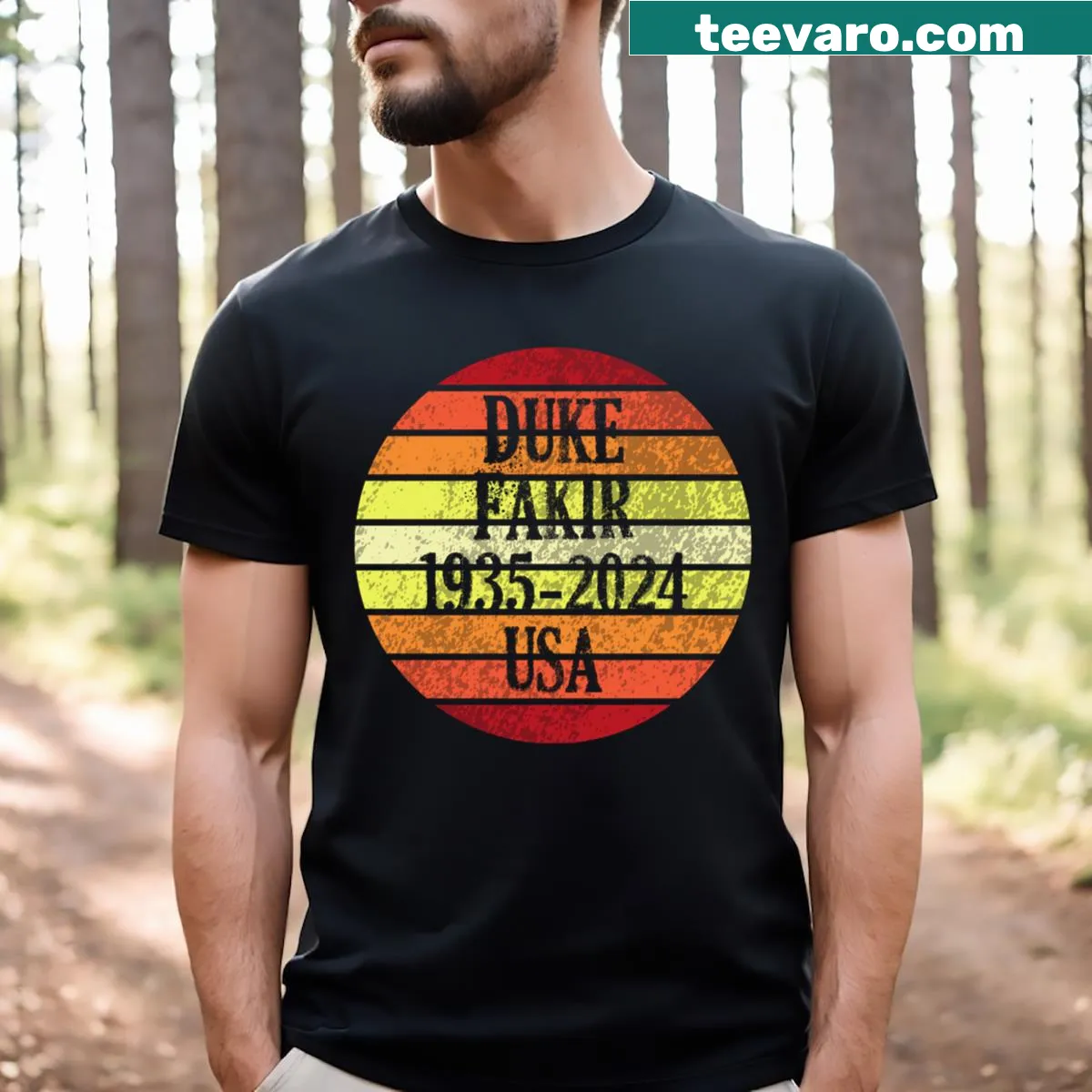 Tribute T-shirt for Duke Fakir featuring year 1935 to 2024 — on a men's t-shirt