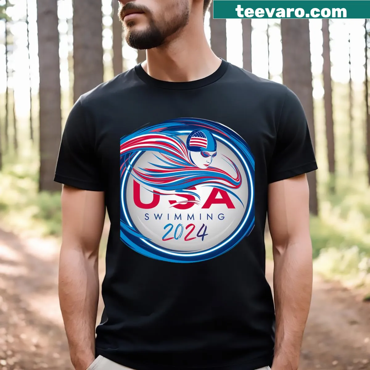 Dynamic Swimming 2024 logo T-shirt with patriotic theme — on a men's t-shirt