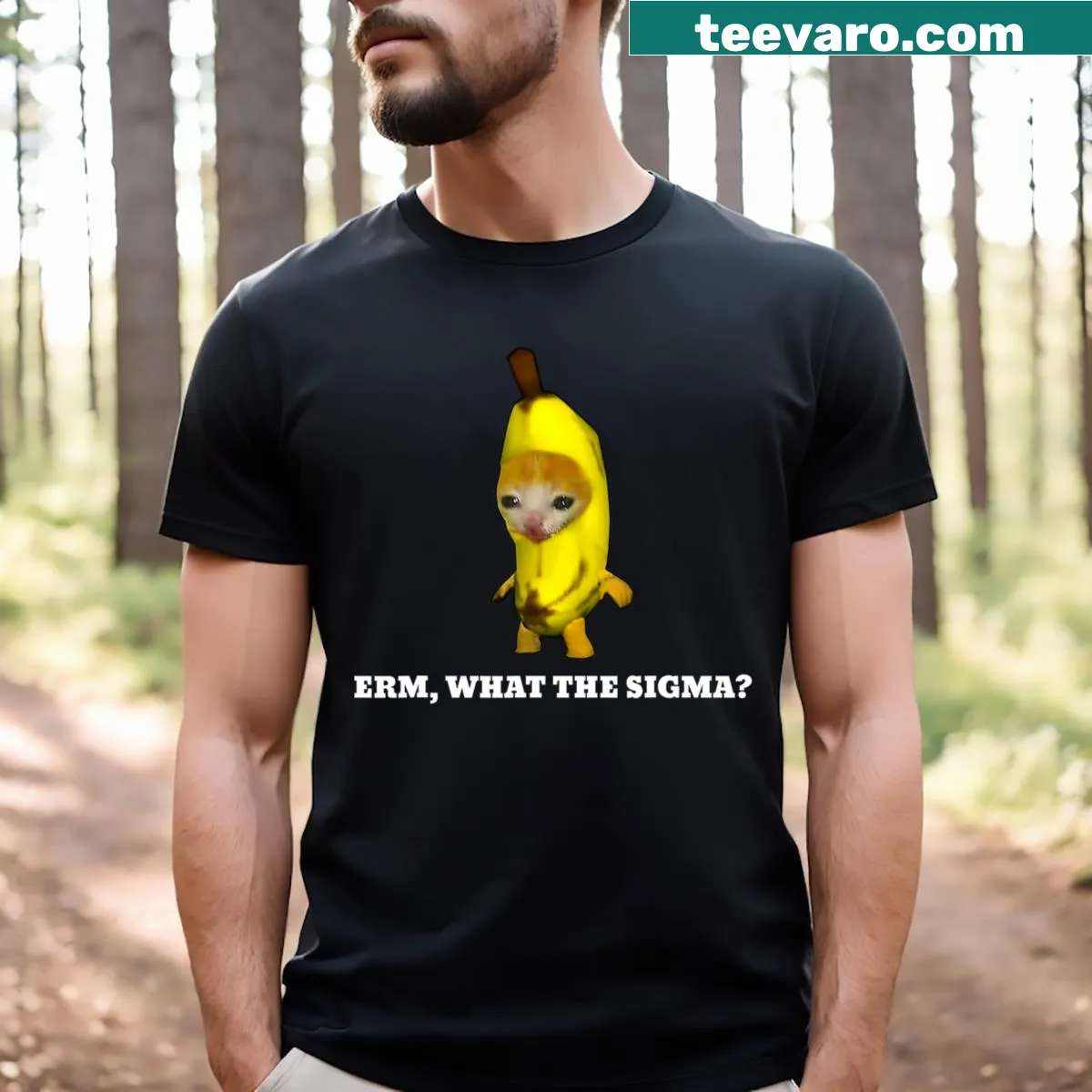 T-shirt featuring 'Erm What' text inspired by Sigma Cat meme — on a men's t-shirt