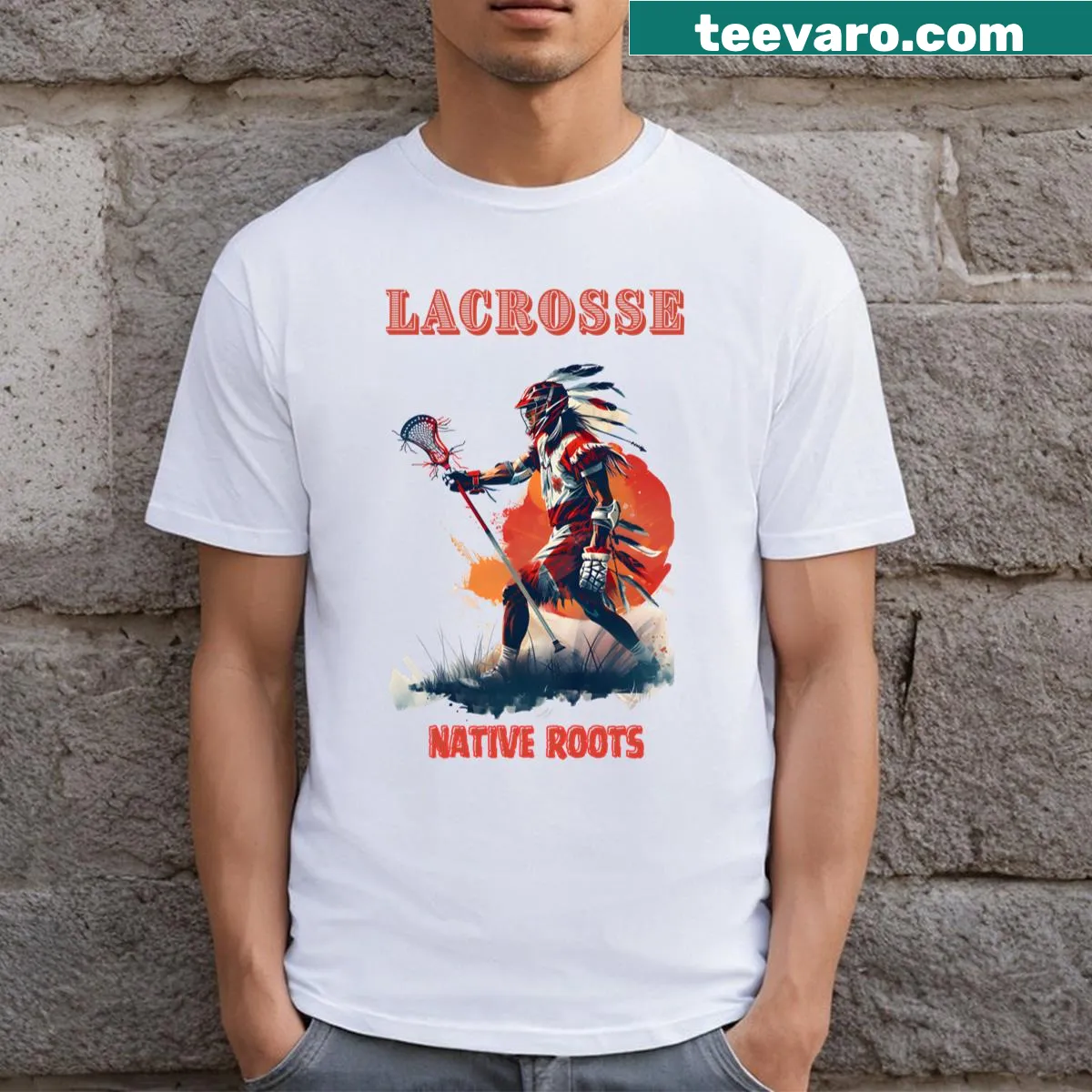 T-shirt exploring the history of lacrosse from Native American origins — on a men's t-shirt