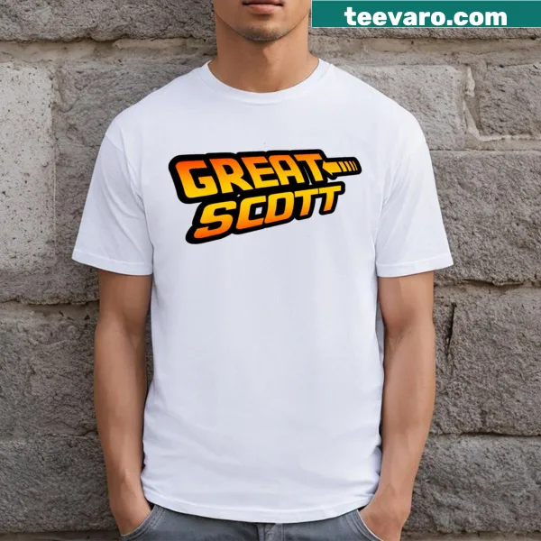 Retro-style t-shirt featuring the phrase 'Great Scott!' from Back to the Future