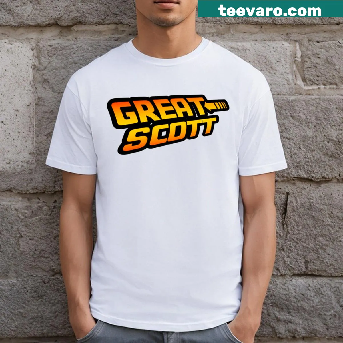 Retro-style t-shirt featuring the phrase 'Great Scott!' from Back to the Future — on a men's t-shirt