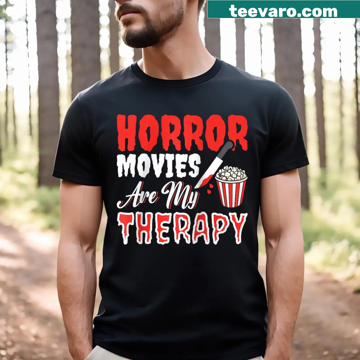 Vintage-style raglan tee with text 'Horror Movies Are My Therapy' — on a men's t-shirt