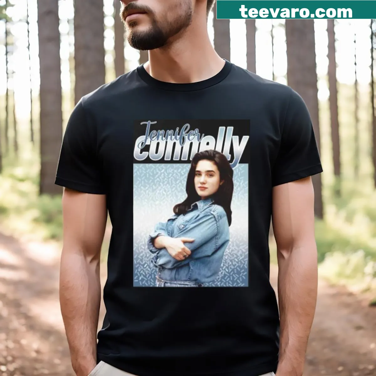 Vintage-style T-shirt featuring Jennifer Connelly from the 80s. — on a men's t-shirt