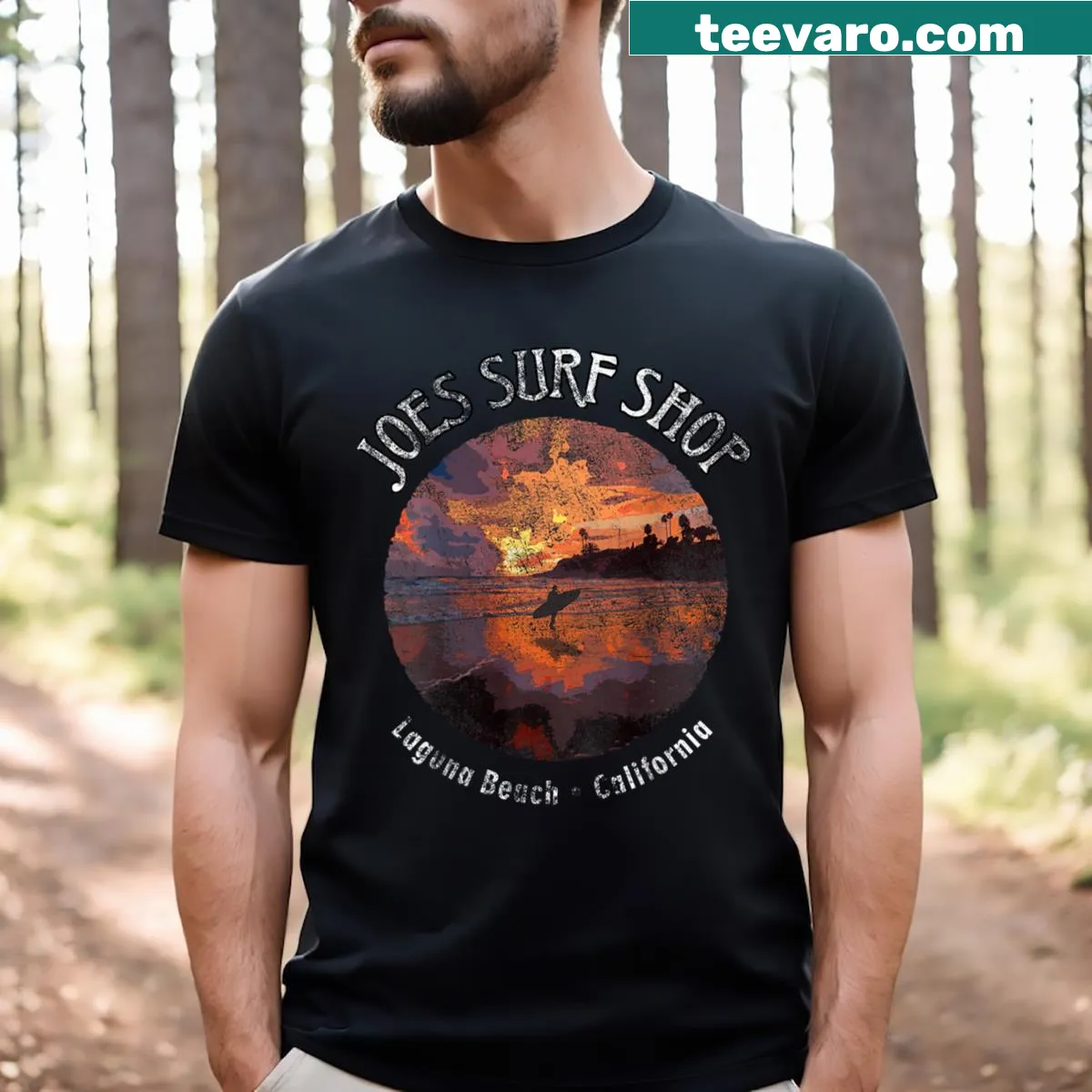 Retro surfer logo on sunset-themed lightweight T-shirt — on a men's t-shirt