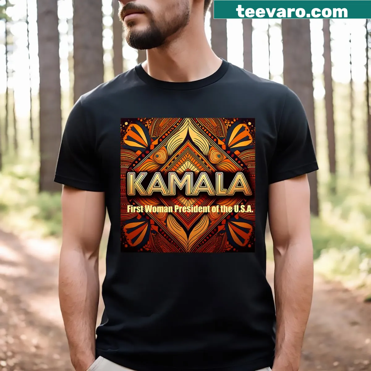 Text design t-shirt featuring 'Kamala For President' message — on a men's t-shirt