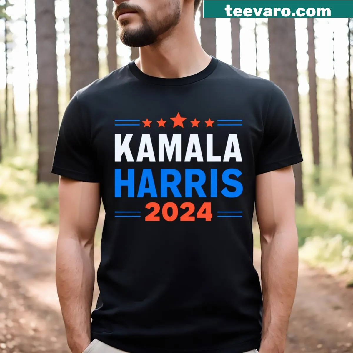 Kamala Harris 2024 presidential campaign T-shirt with logo — on a men's t-shirt