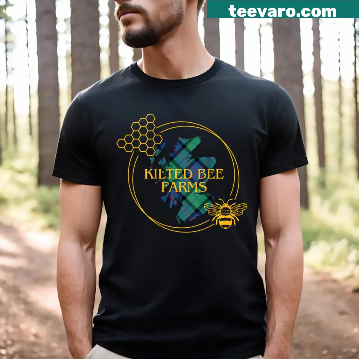 Illustrative T-shirt dedicated to Kilted Bee Farms — on a men's t-shirt