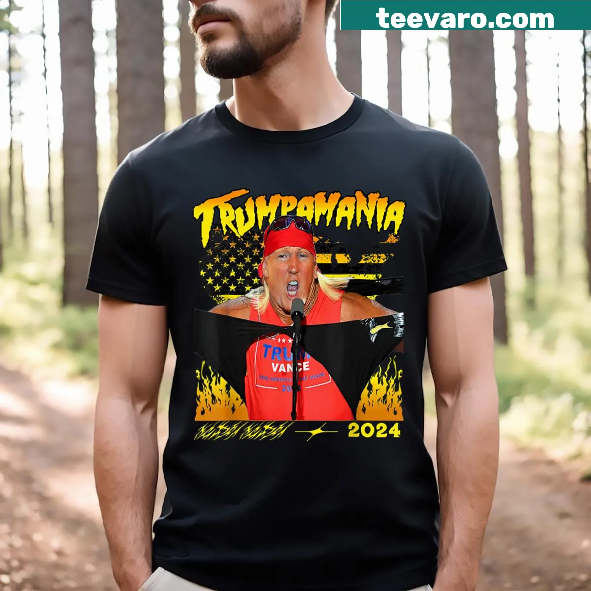 T-shirt with 'Let Trump A Mania Run Wild' and bold graphic design — on a men's t-shirt