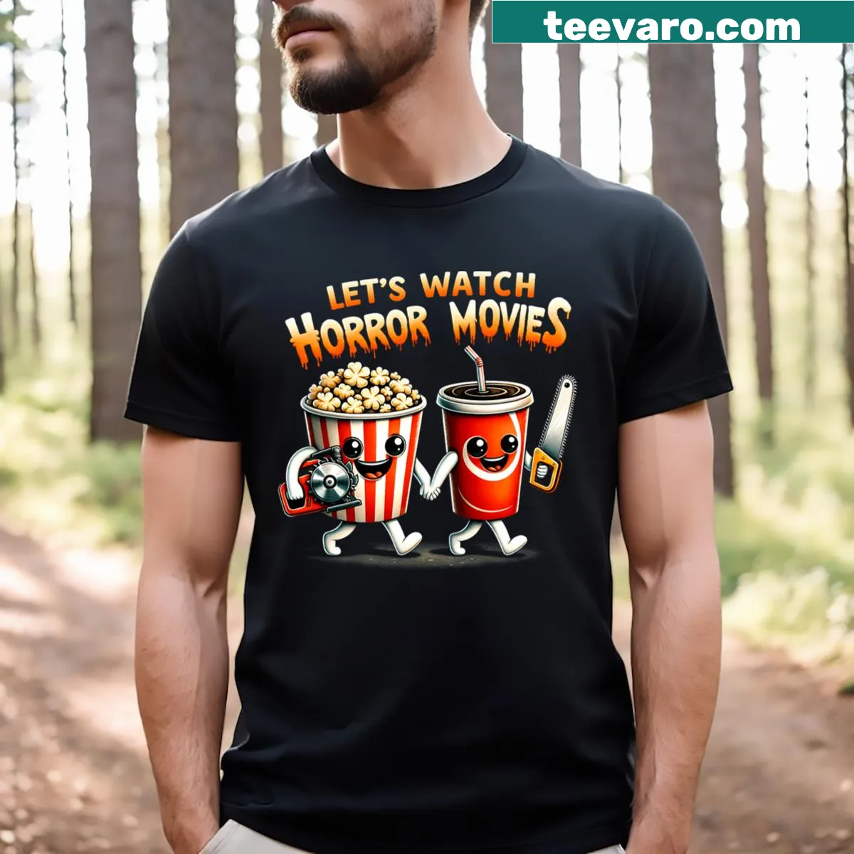 Funny t-shirt for horror movie lovers with watch horror movies text — on a men's t-shirt