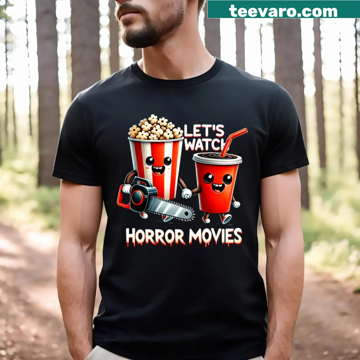 Spooky-themed T-shirt inviting to watch horror movies — on a men's t-shirt