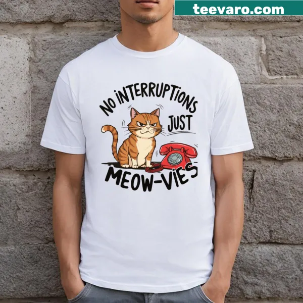 Funny movie lover t-shirt with cat theme and playful text