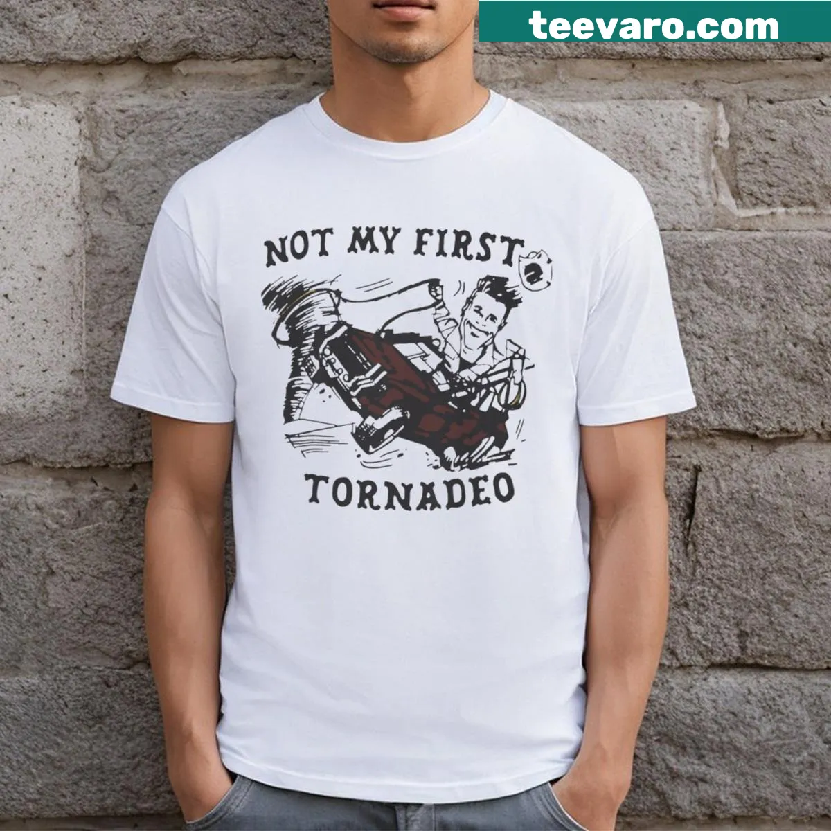 Official t-shirt with a tornado graphic — on a men's t-shirt