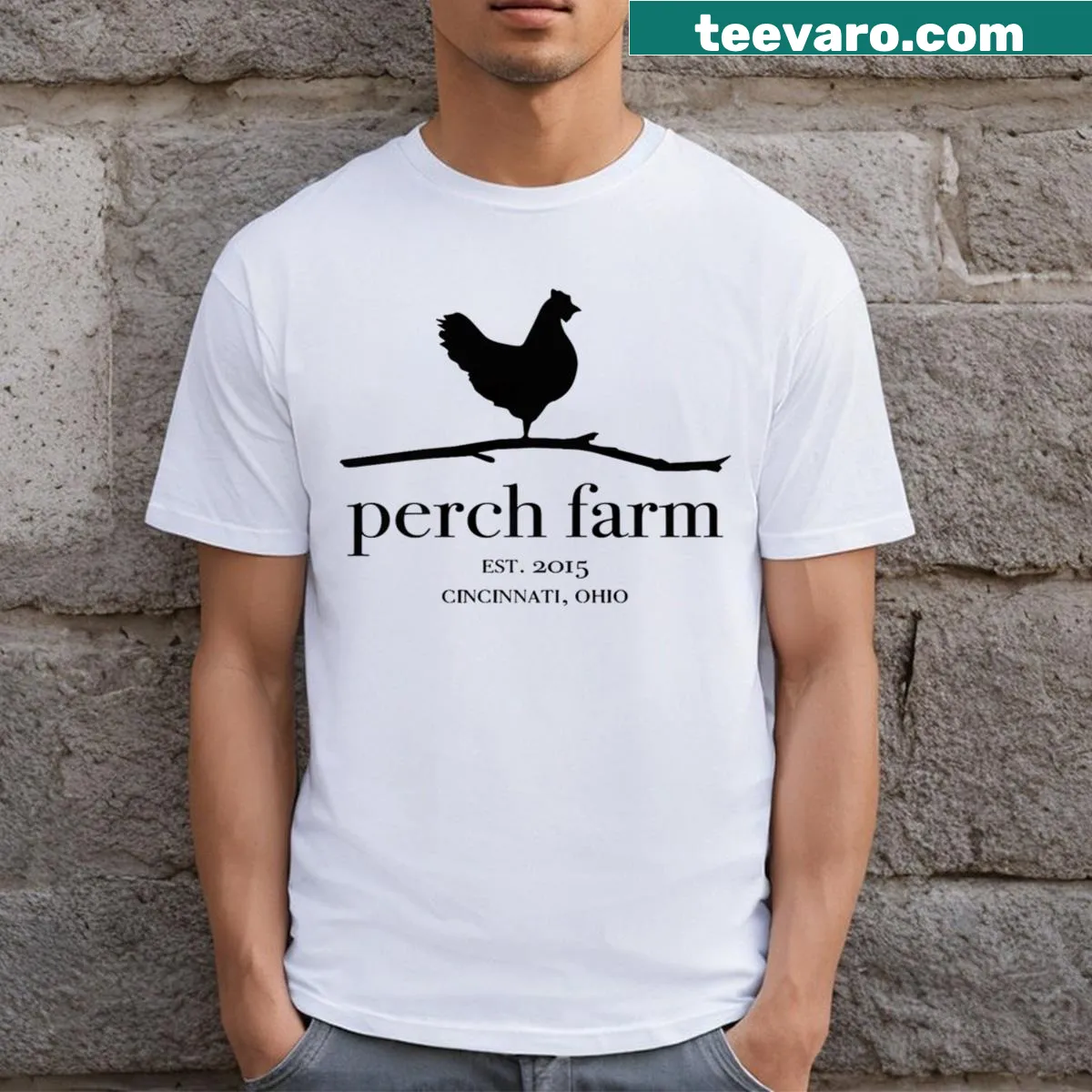 Vintage Perch Farm Store t-shirt with rustic typography — on a men's t-shirt