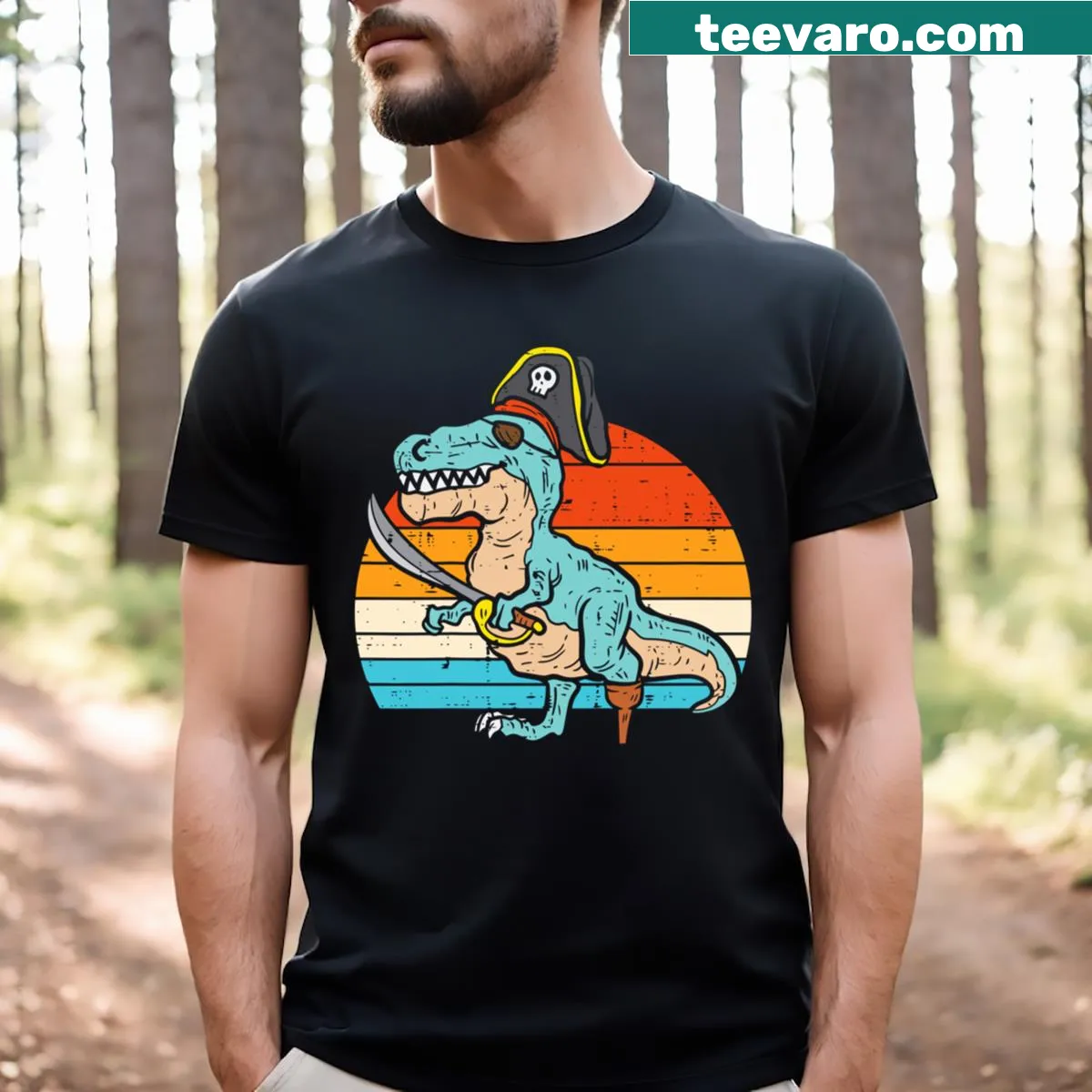 T-shirt featuring a playful pirate dinosaur illustration in retro style — on a men's t-shirt