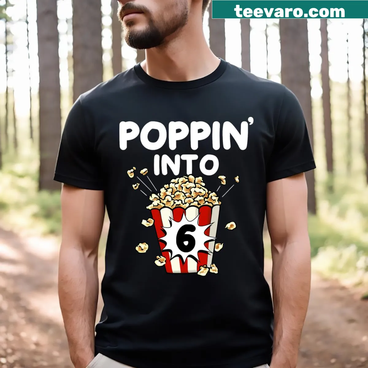 Playful popcorn-themed birthday T-shirt for kids turning 6. — on a men's t-shirt