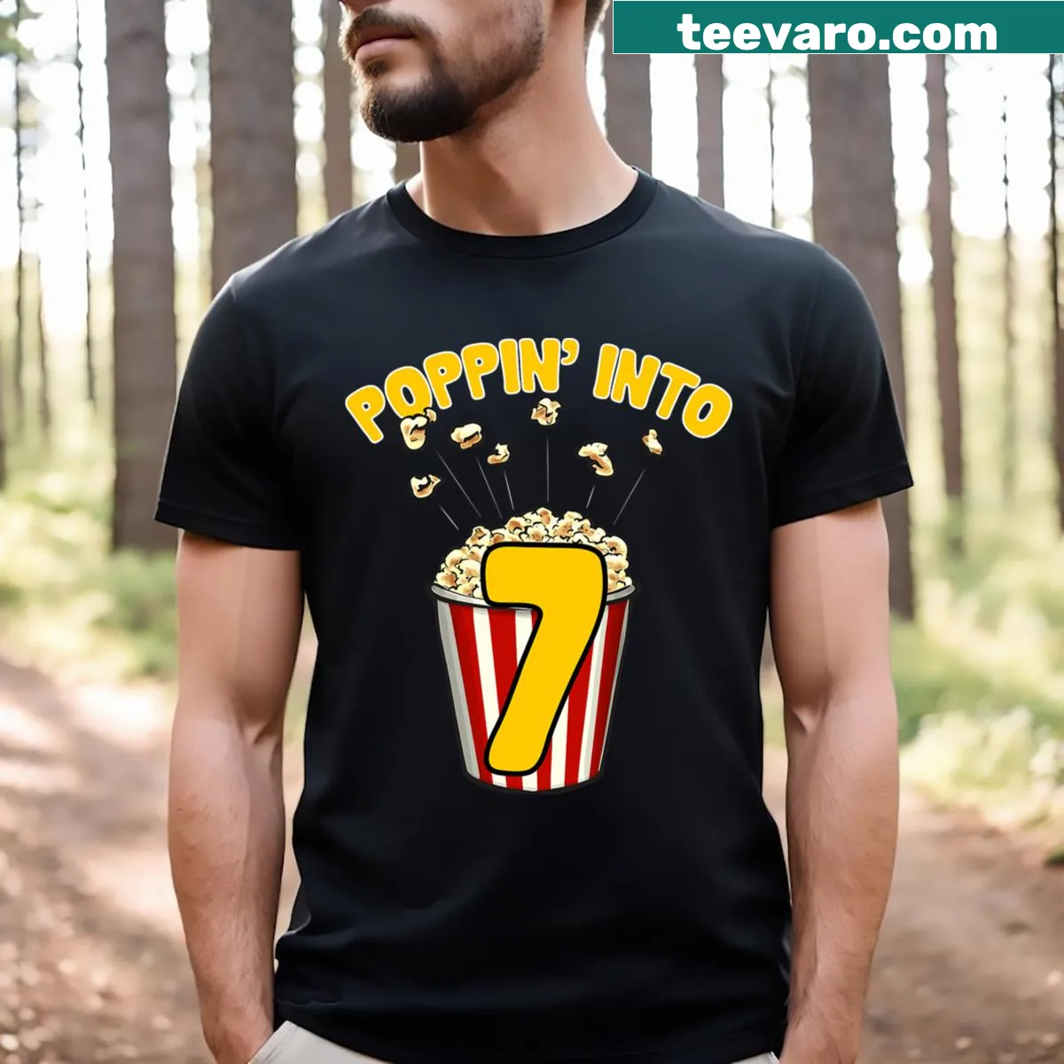 Cartoon popcorn and movie theme for 7th birthday T-shirt — on a men's t-shirt