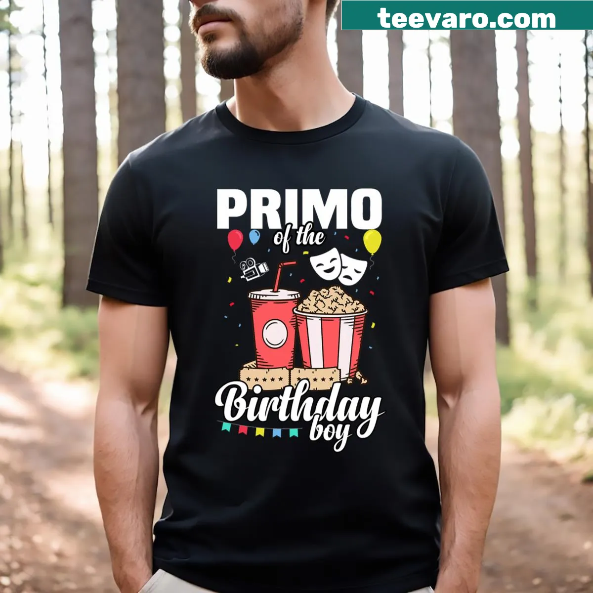 T-shirt featuring movie theme for the birthday boy's primo — on a men's t-shirt