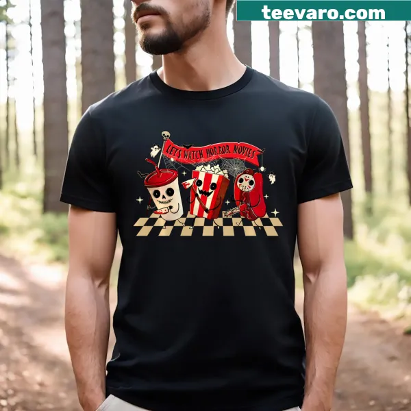 Retro horror-themed t-shirt celebrating movie concessions and Halloween.