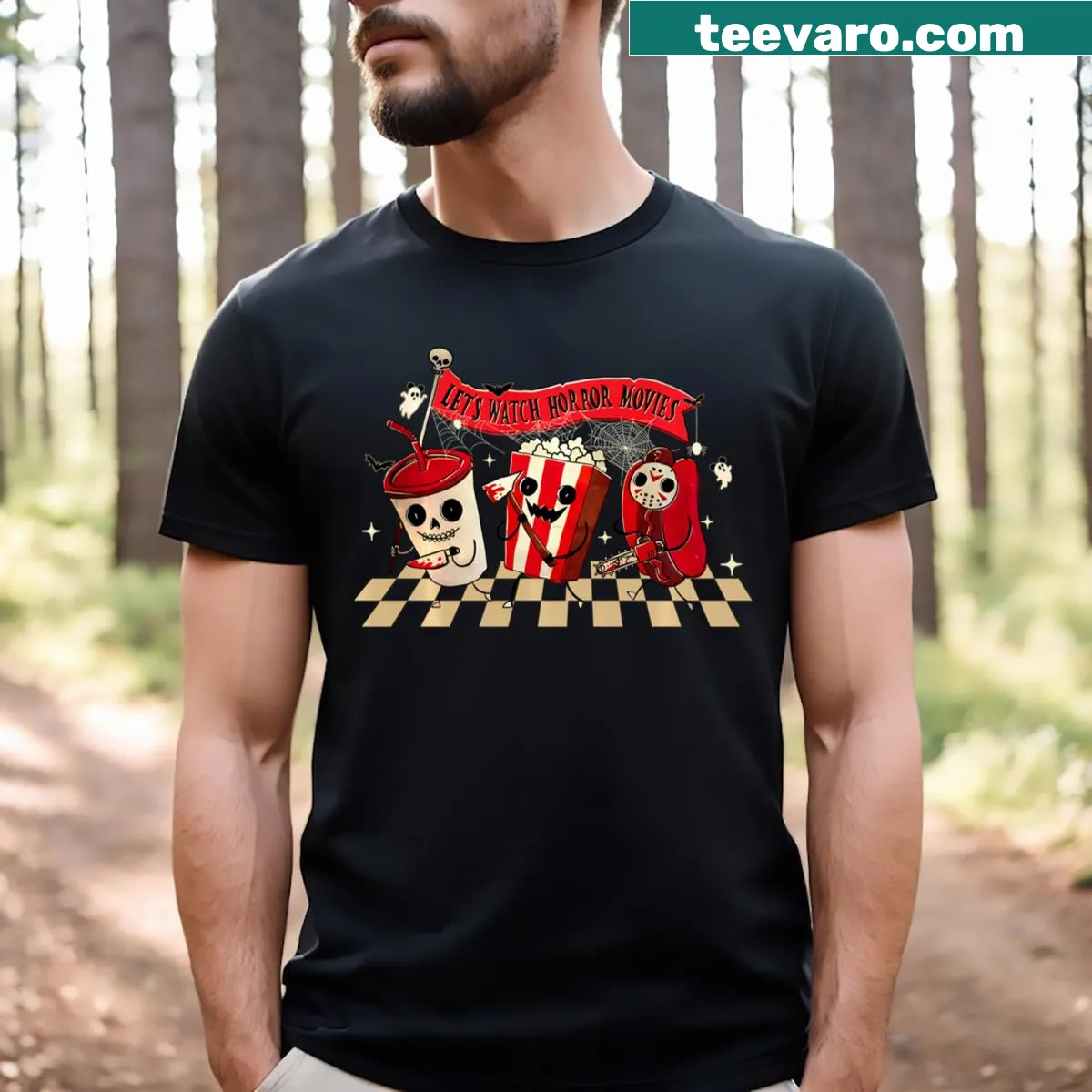 Retro horror-themed t-shirt celebrating movie concessions and Halloween. — on a men's t-shirt
