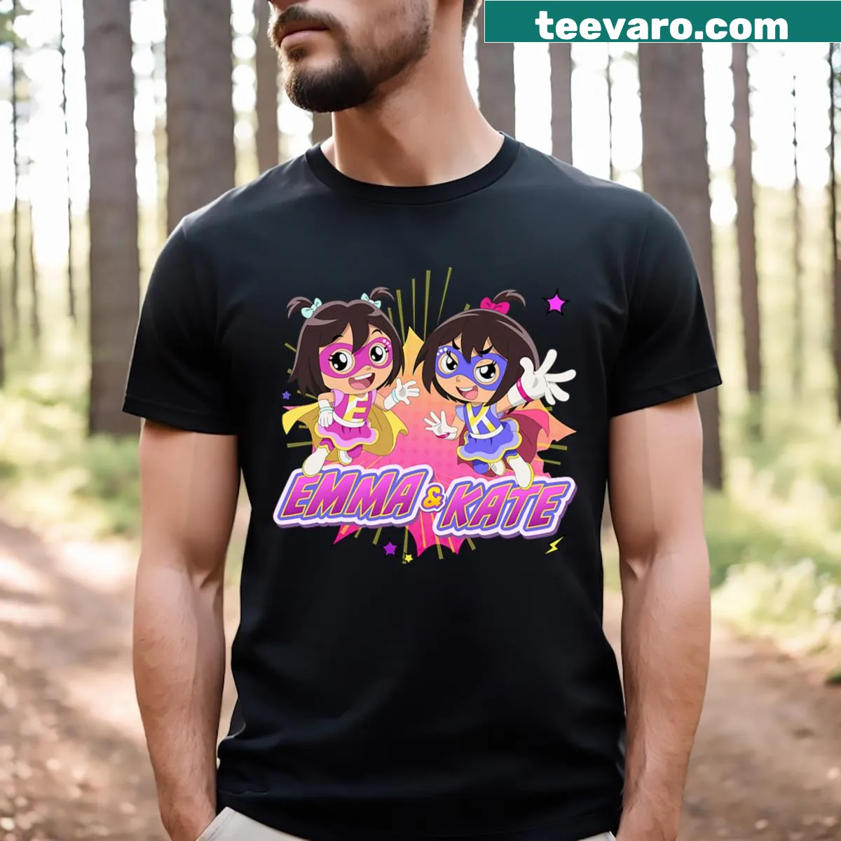 Playful graphic T-shirt featuring Emma and Kate from Ryan's World. — on a men's t-shirt