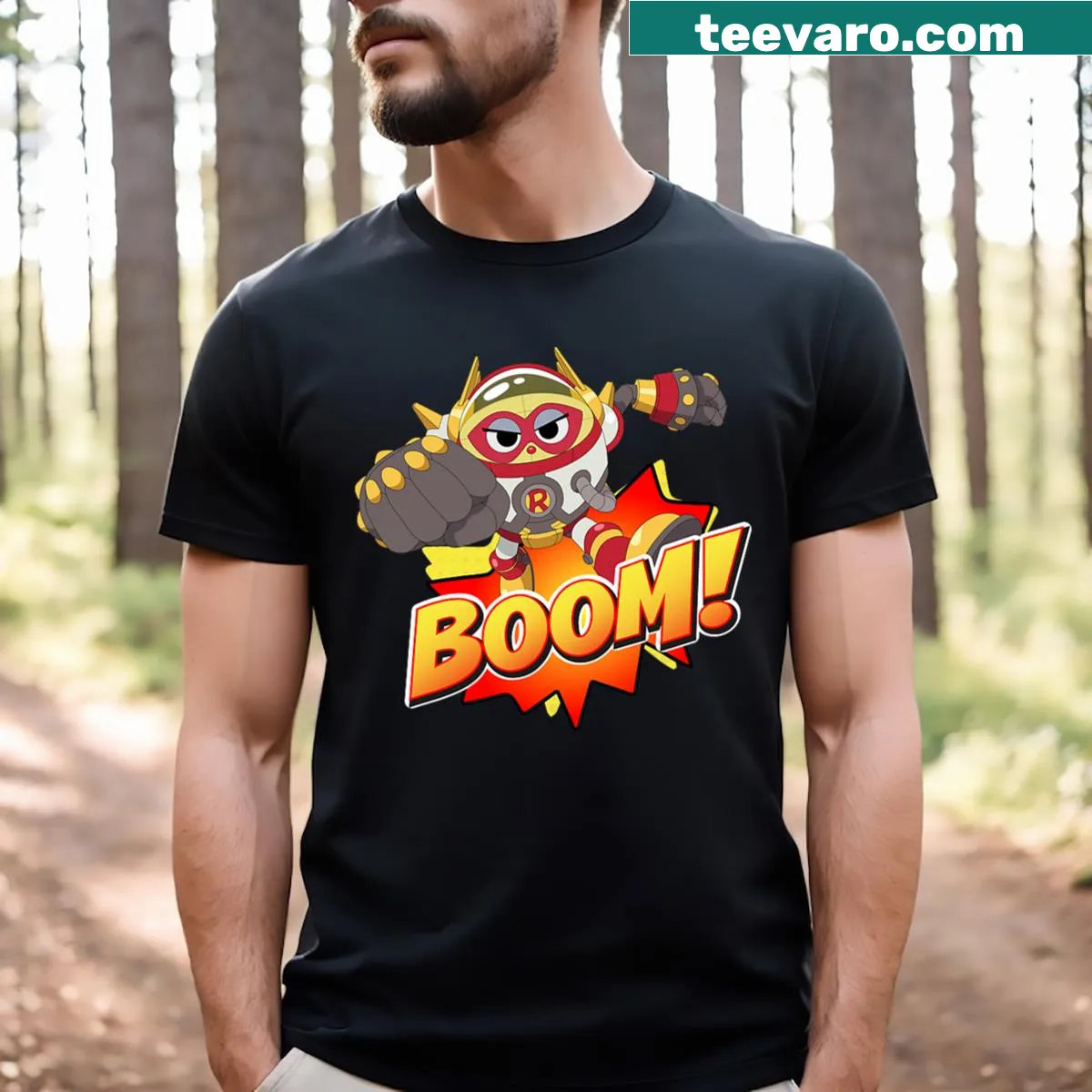 Cartoon Meggabot design from Ryans World movie kids t-shirt — on a men's t-shirt