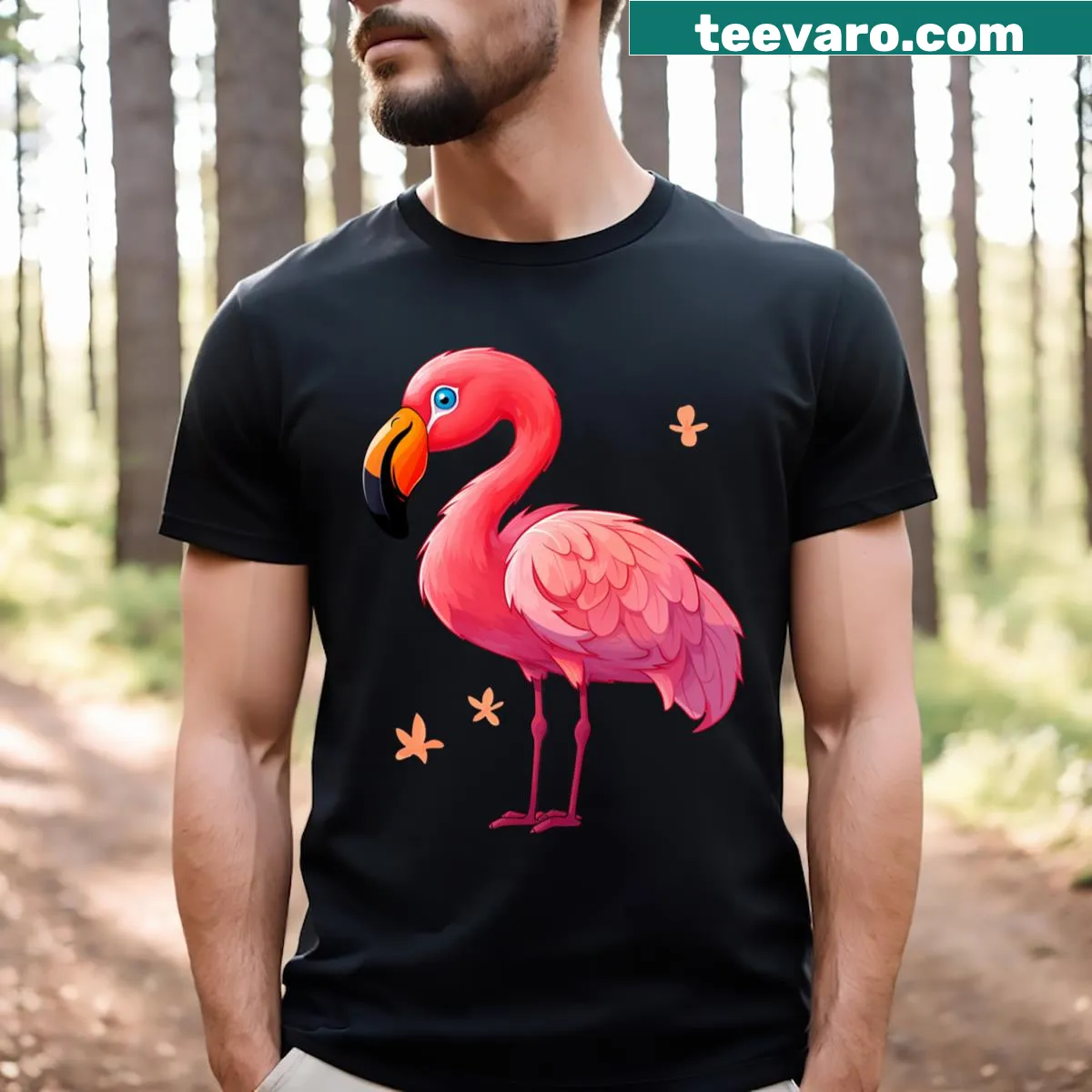 Cute flamingo cartoon graphic on t-shirt — on a men's t-shirt