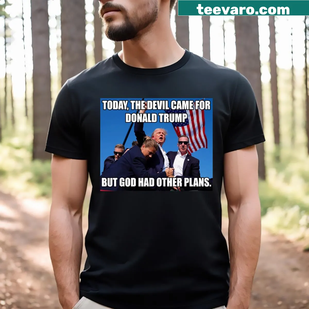 T-shirt with bold text about faith and political commentary — on a men's t-shirt