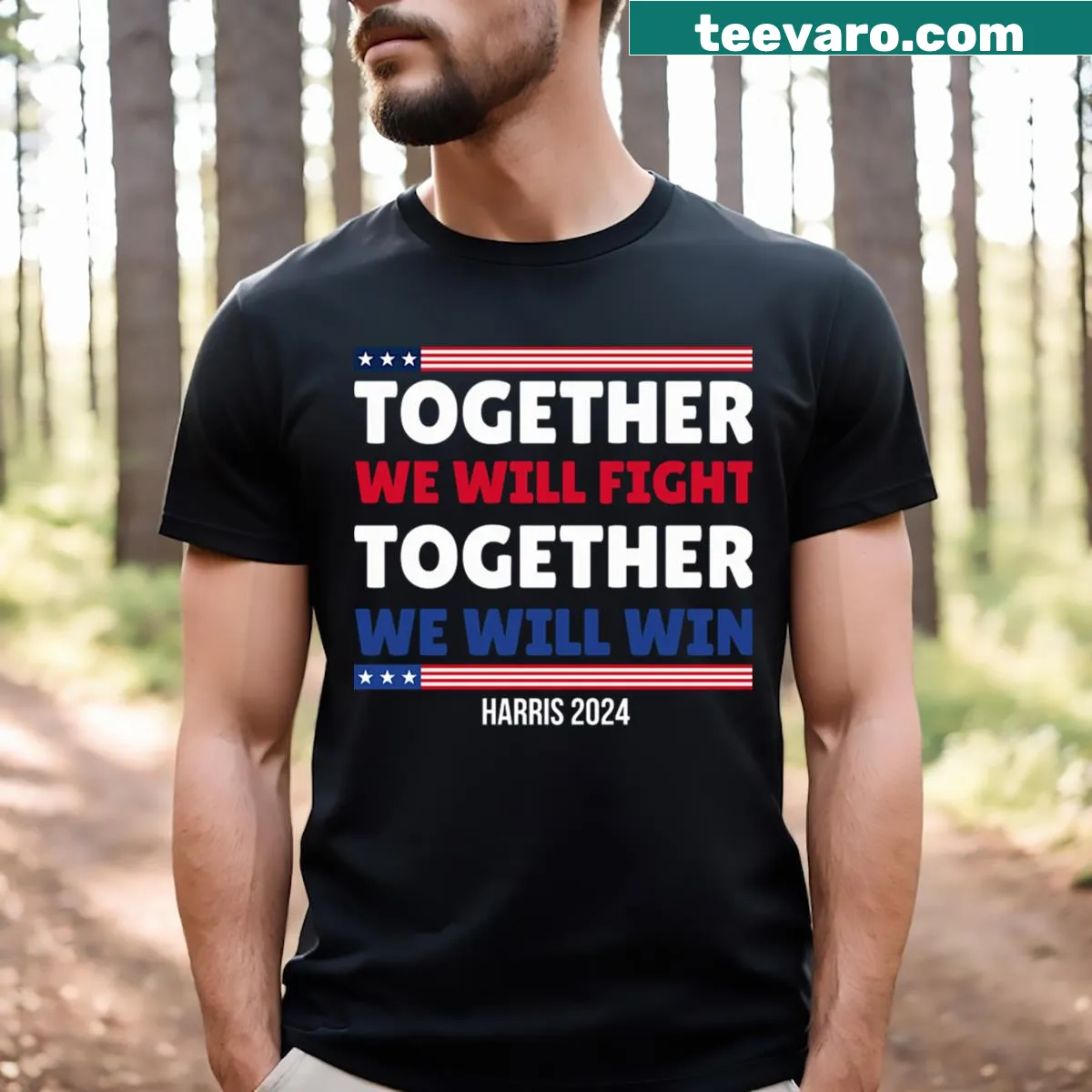 Political t-shirt with bold text promoting Harris 2024 message — on a men's t-shirt