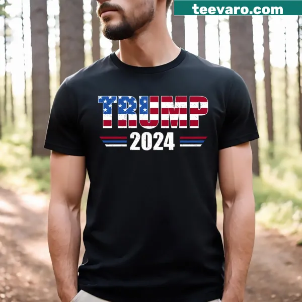 Political T-shirt supporting Trump 2024 with bold text design