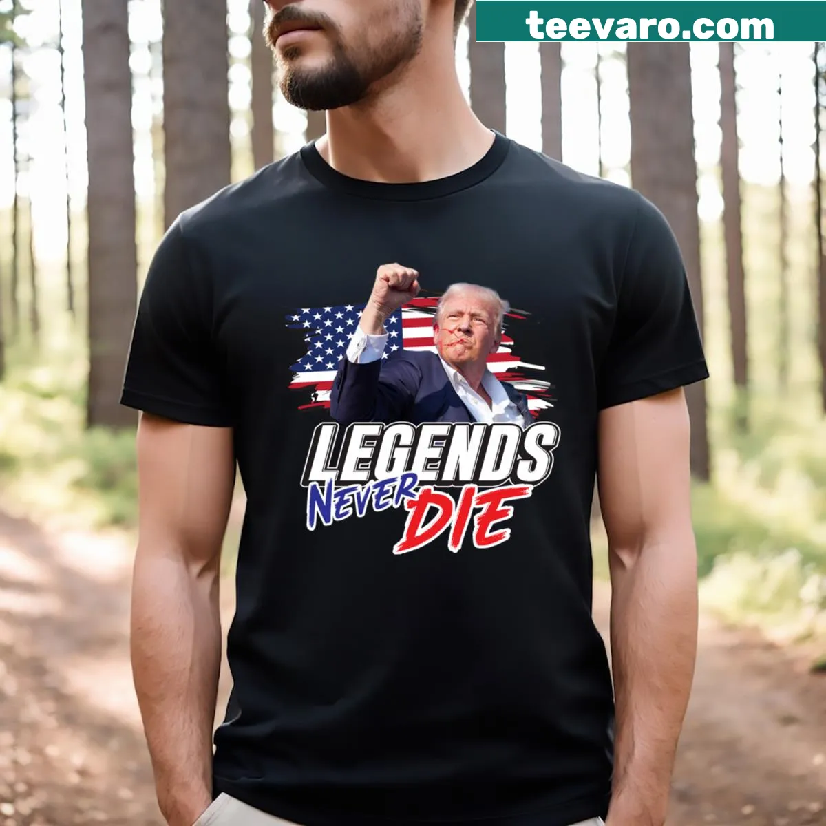 Text-based design reads 'Legends Never Die' in bold font — on a men's t-shirt