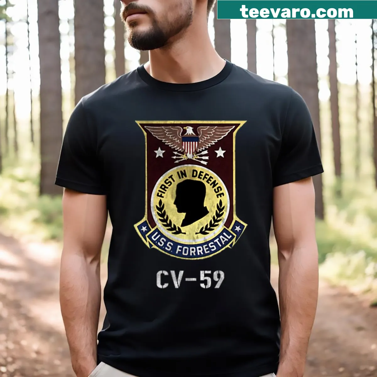 USS Forrestal CV 59 logo with American flag design — on a men's t-shirt