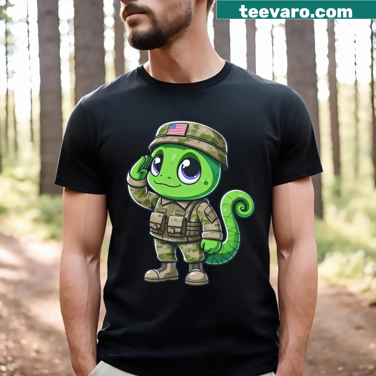 Cartoon veiled chameleon graphic on a t-shirt — on a men's t-shirt