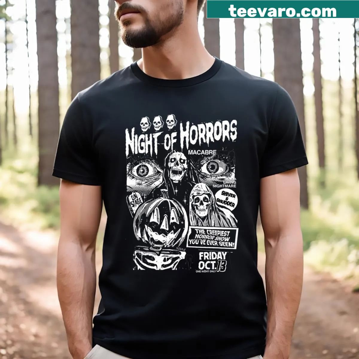 Vintage punk Halloween t-shirt with ghosts and spooky design — on a men's t-shirt